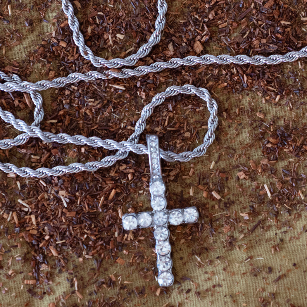 316 Stainless Steel Twisted Rope Chain With Cubic Zirconia Cross Pendant - Necklace