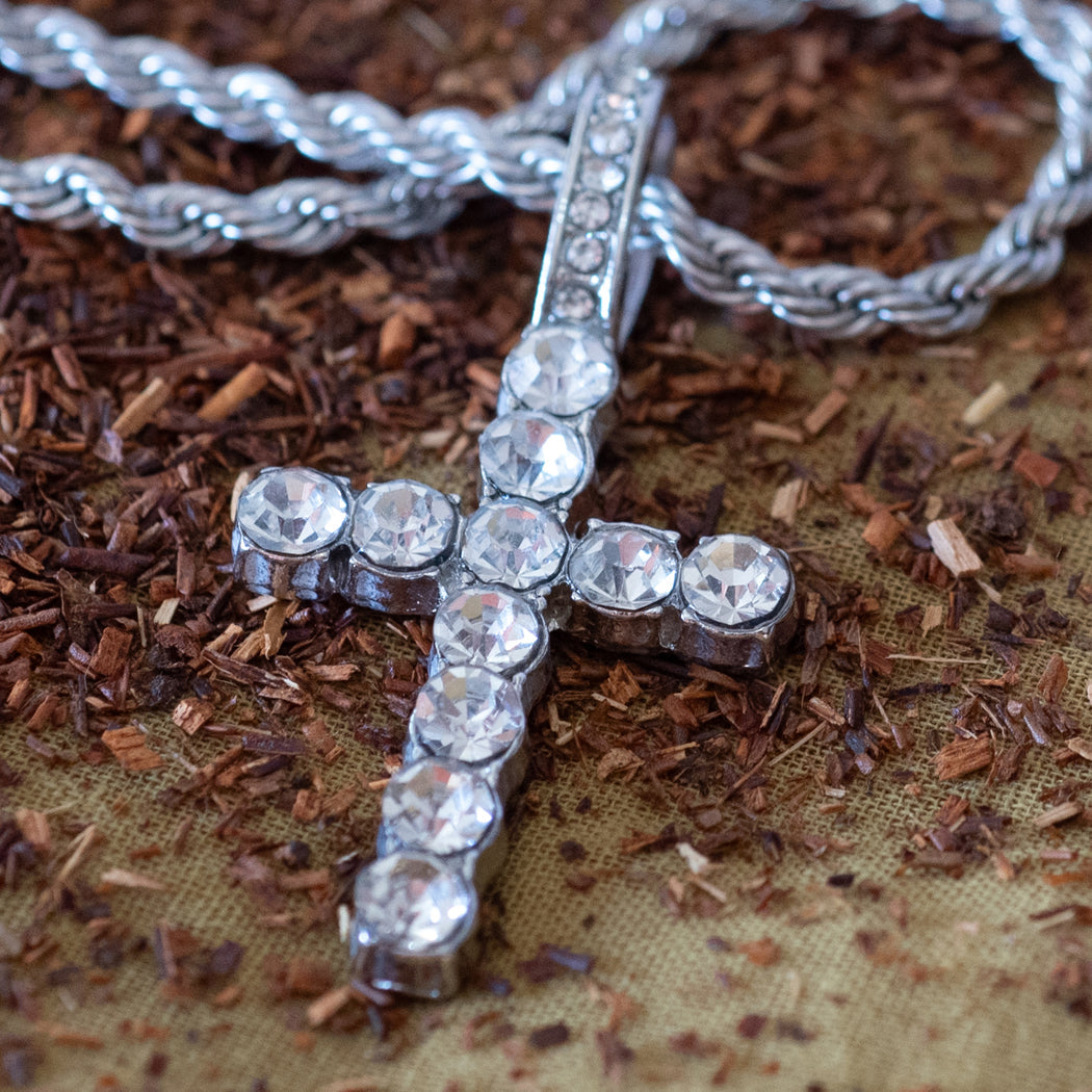 316 Stainless Steel Twisted Rope Chain With Cubic Zirconia Cross Pendant - Necklace