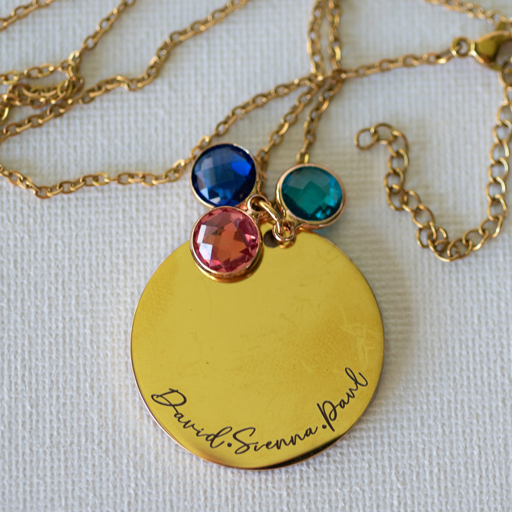 316L Stainless Steel Personalized Disk Necklace with 3 Birthstones - Necklace