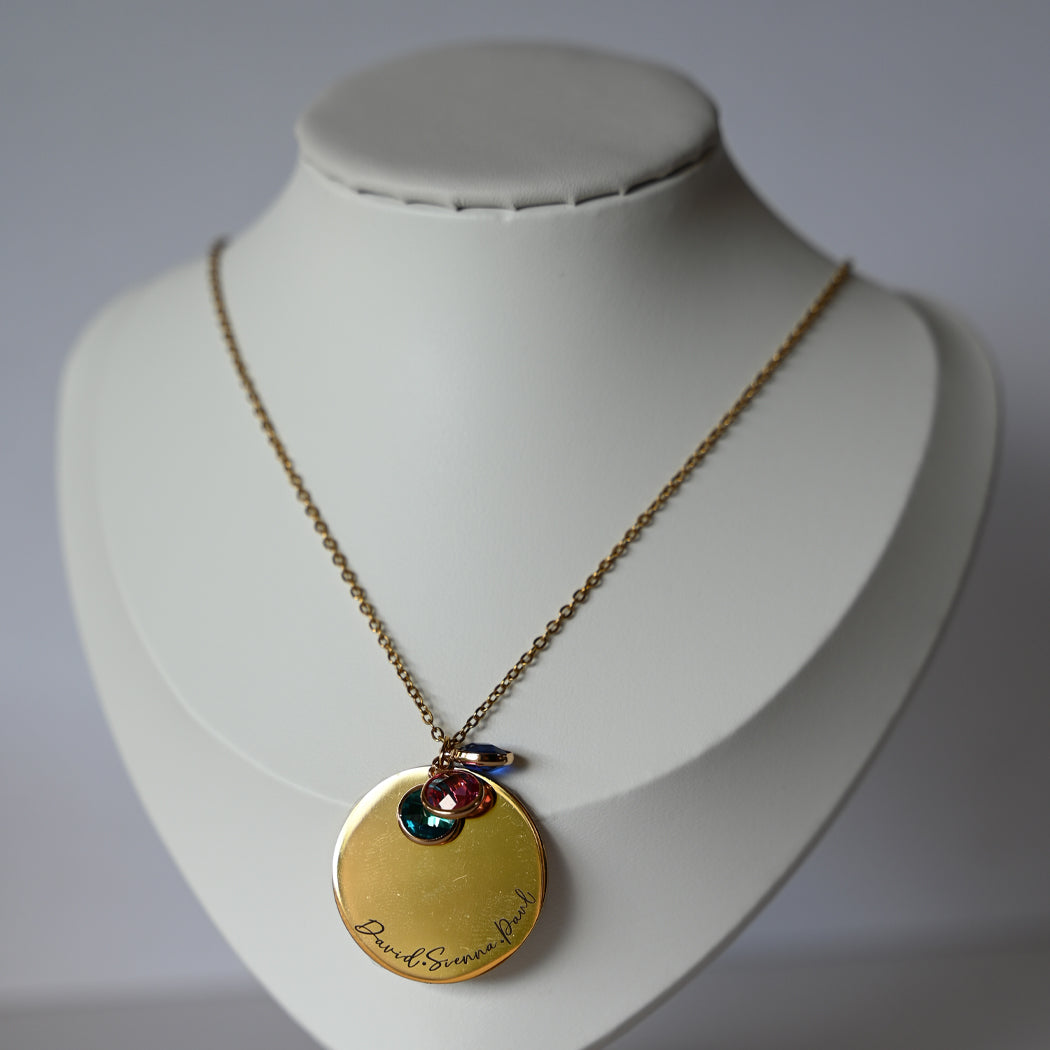 316L Stainless Steel Personalized Disk Necklace with 3 Birthstones - Necklace