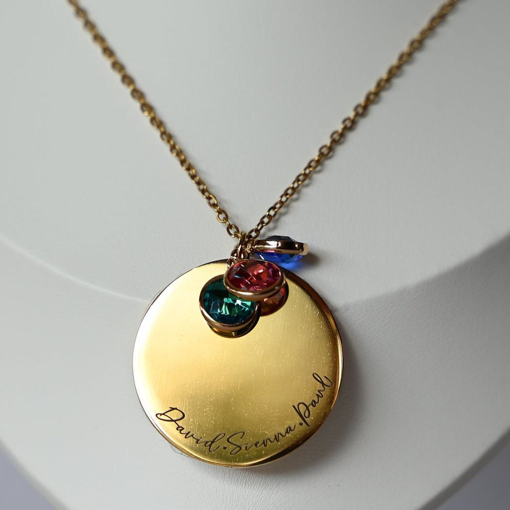 316L Stainless Steel Personalized Disk Necklace with 3 Birthstones - Necklace