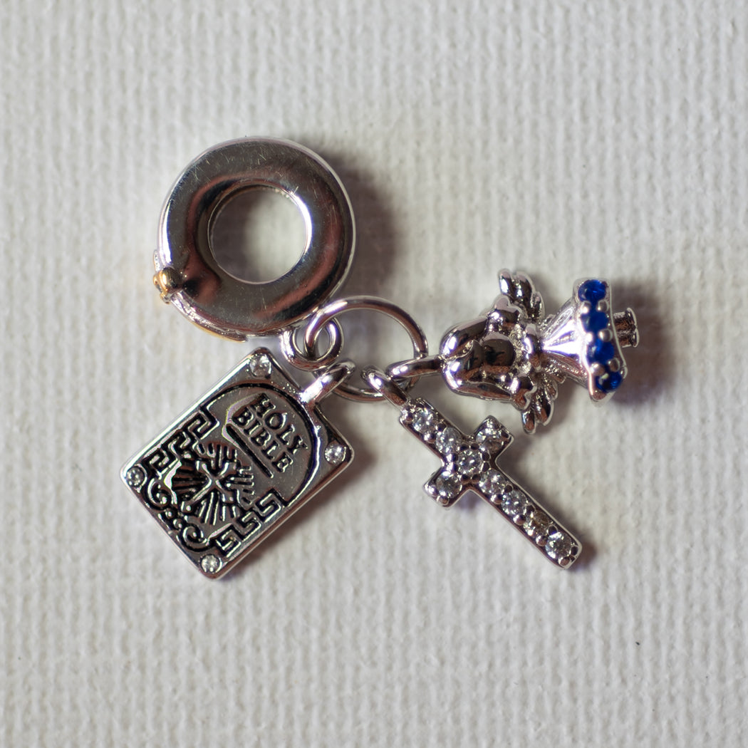 925 Sterling Silver Bible Cross & Angel Pendant Charm - Charm