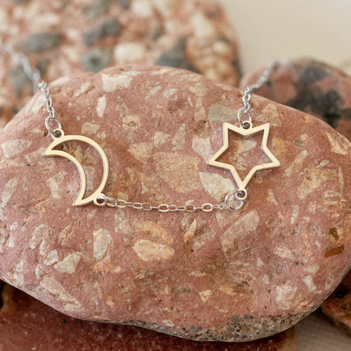 925 Sterling Silver Hollow Moon & Star Necklace - Necklace