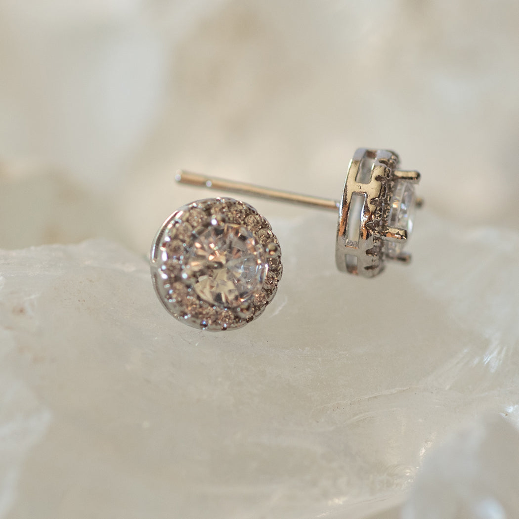 925 Sterling Silver In-Laid Cubic Zirconia Stud Earrings - Earrings