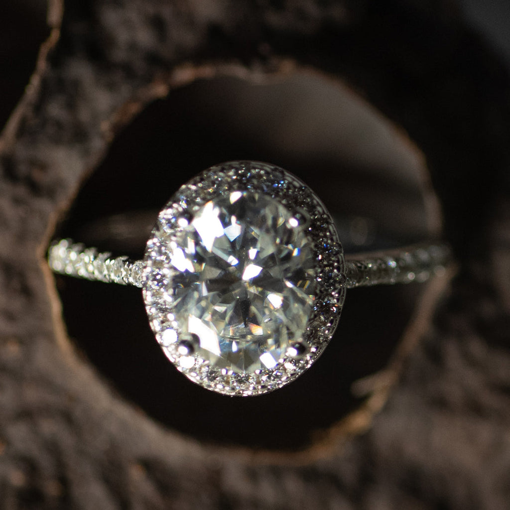 925 Sterling Silver Round Halo Flower Cut Moissanite Ring (Accent Stone Band) - Rings