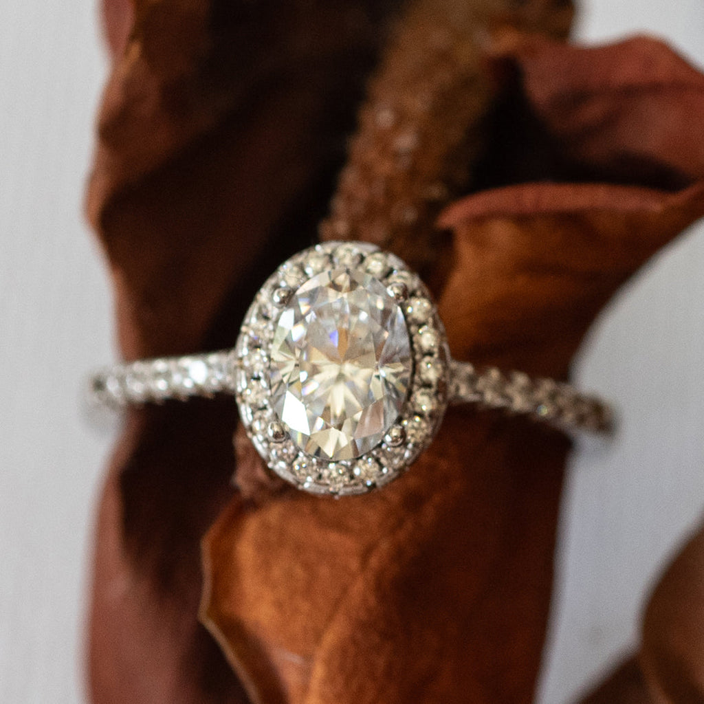 925 Sterling Silver Round Halo Flower Cut Moissanite Ring (Accent Stone Band) - Rings