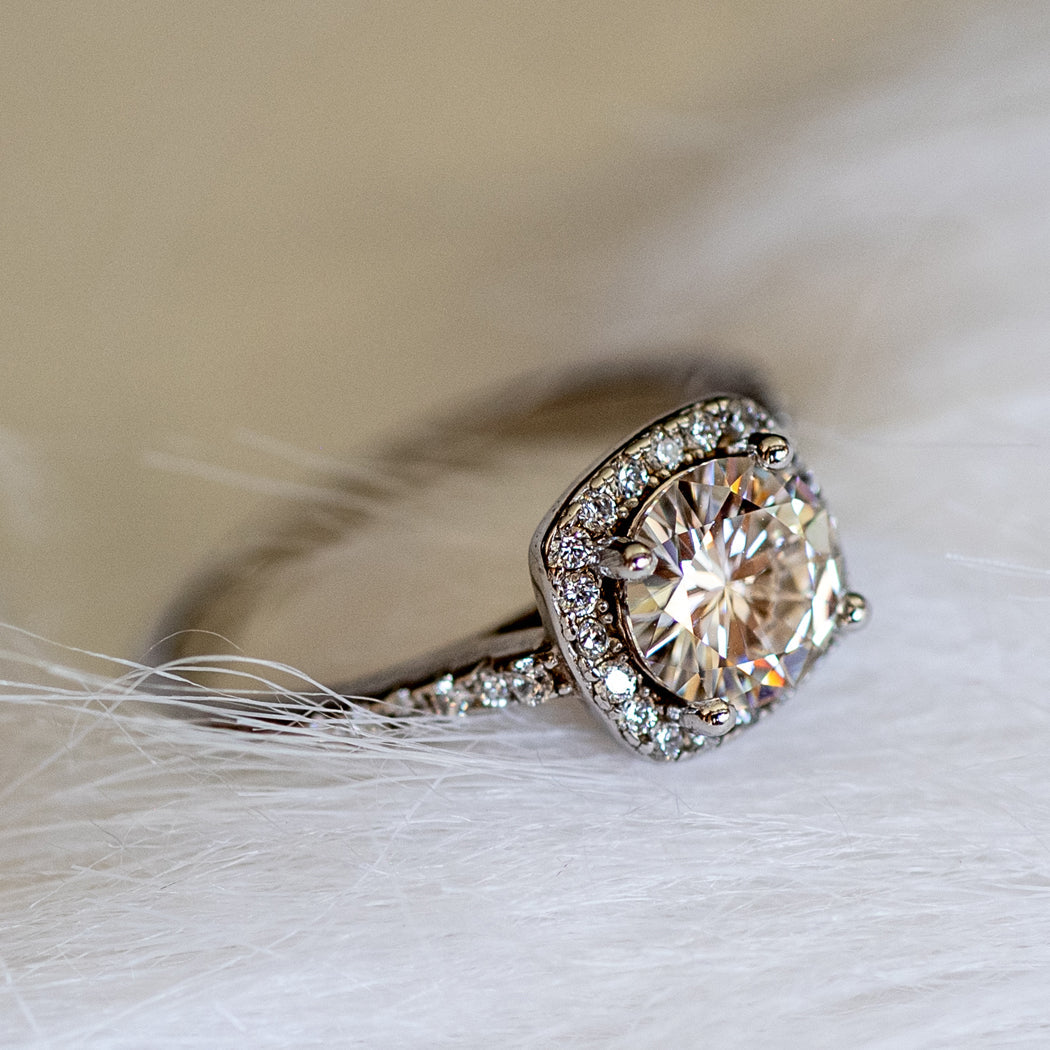 925 Sterling Silver Square Halo Moissanite Ring - Rings