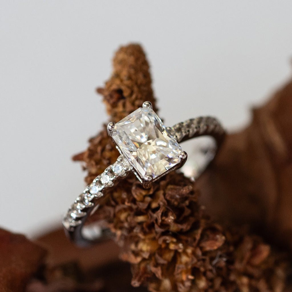 925 Sterling Silver Vintage Emerald Cut Moissanite Ring - Rings