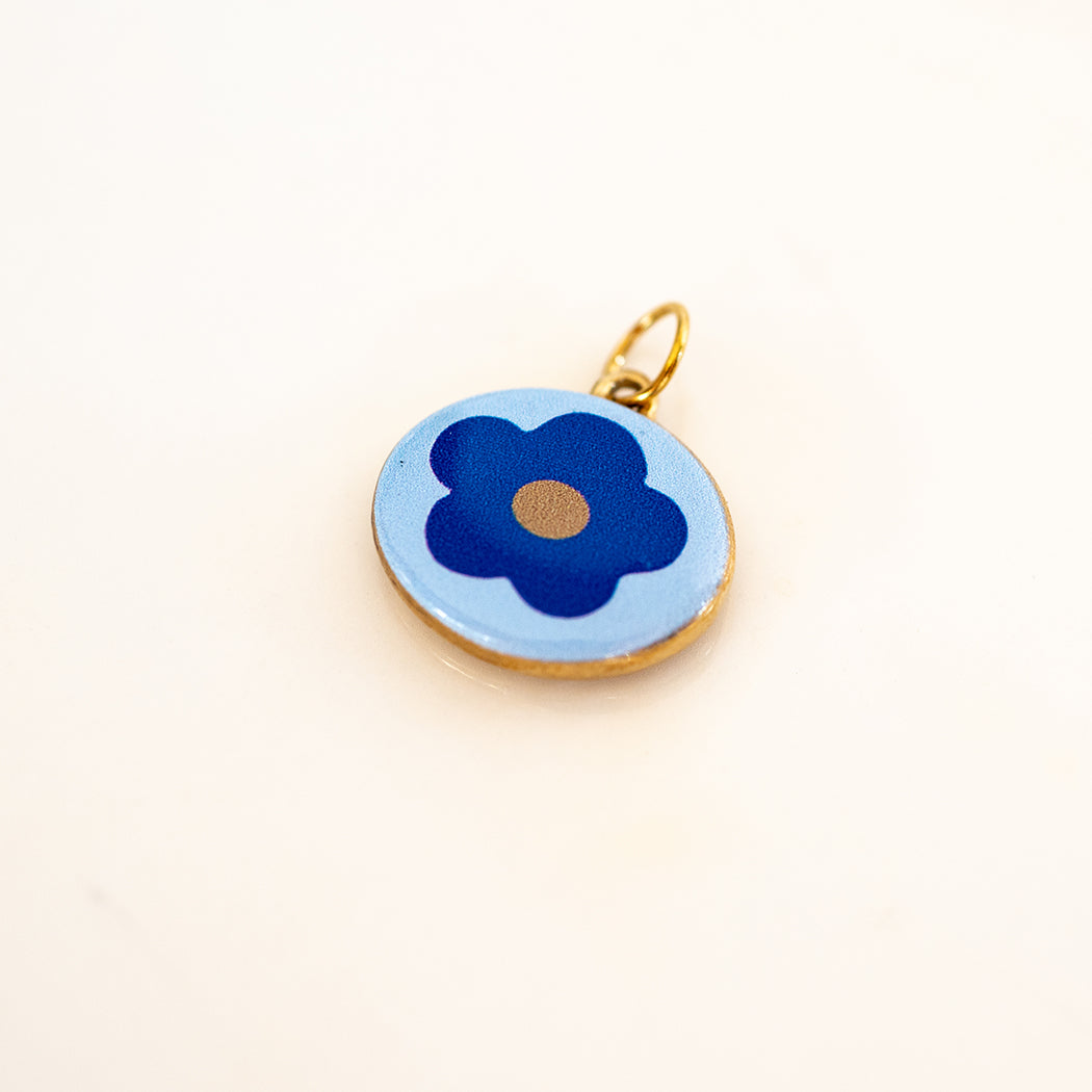 Boho Round, Enamel Painted Blue Flower Charm