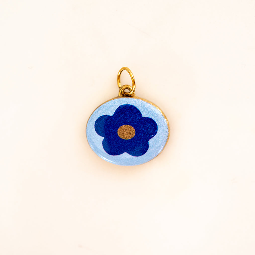 Boho Round, Enamel Painted Blue Flower Charm