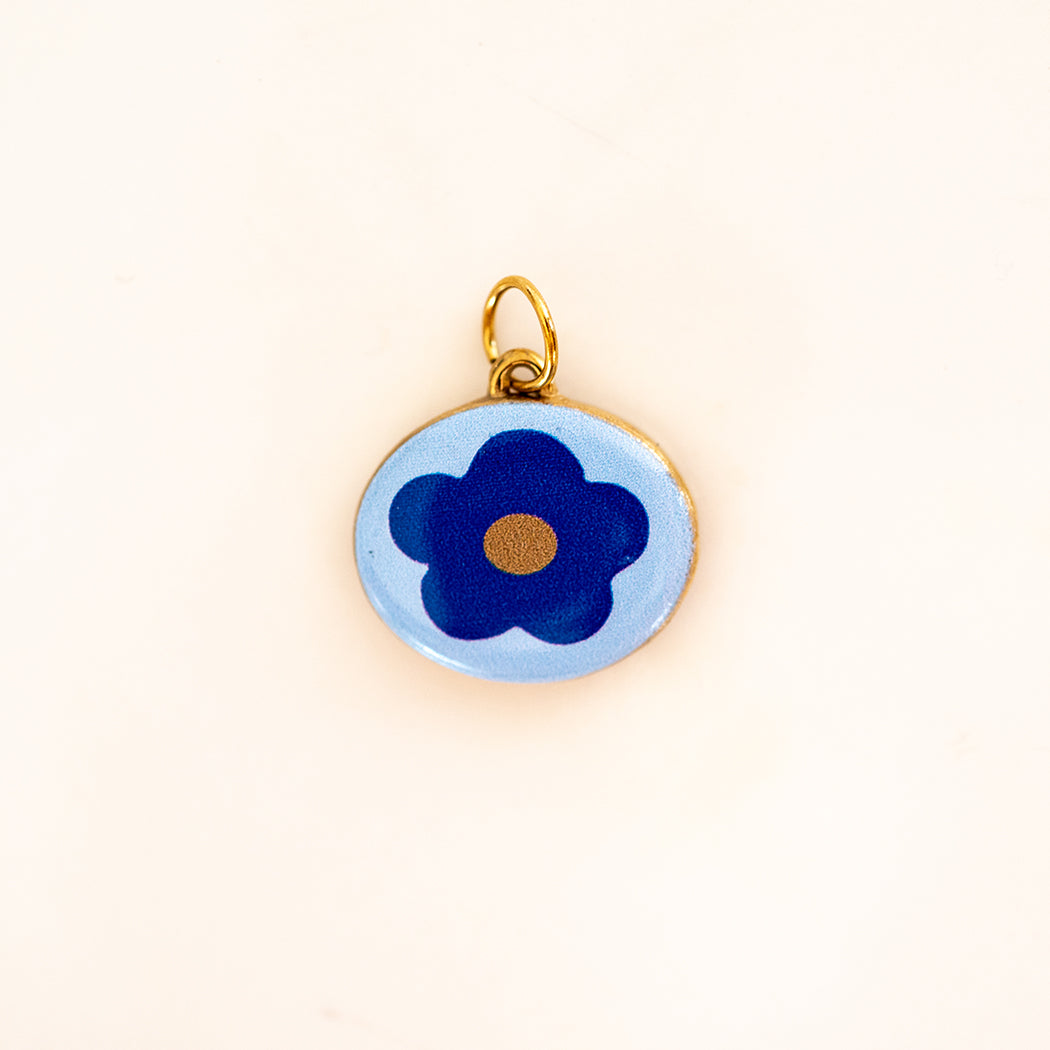 Boho Round, Enamel Painted Blue Flower Charm