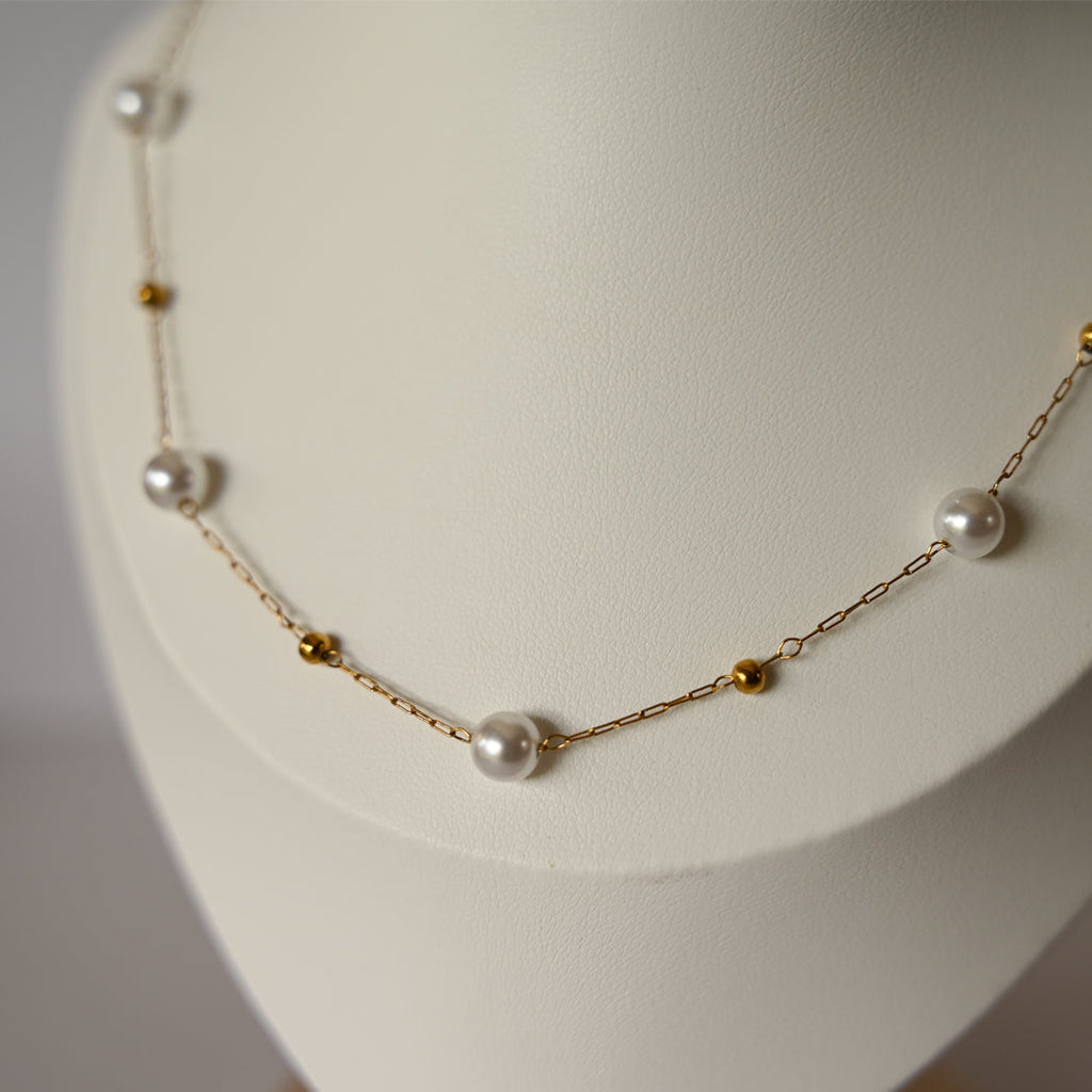 Baroque Imitation Pearl Collar Bone Necklace & Matching Bracelet Set, 316L Stainless Steel - Necklace Combo