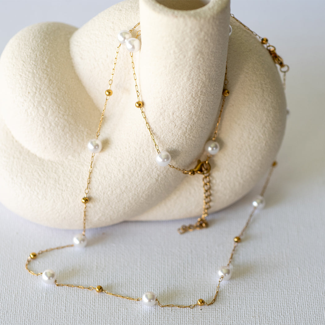 Baroque Imitation Pearl Collar Bone Necklace & Matching Bracelet Set — 316L Stainless Steel - Necklace Combo