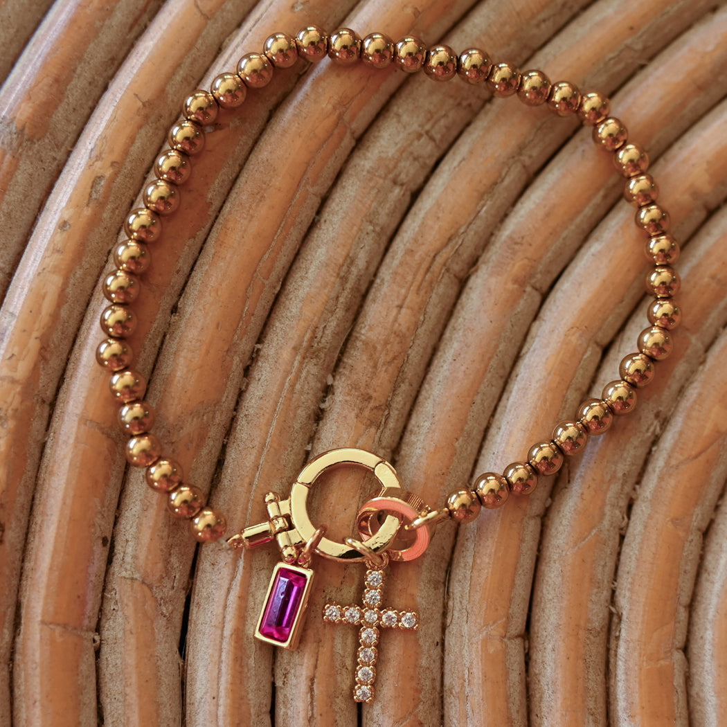 Beaded Bracelet with Cross Pendant and Birthstone - Bracelet