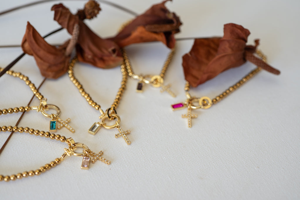 Beaded Bracelet with Cross Pendant and Birthstone - Bracelet