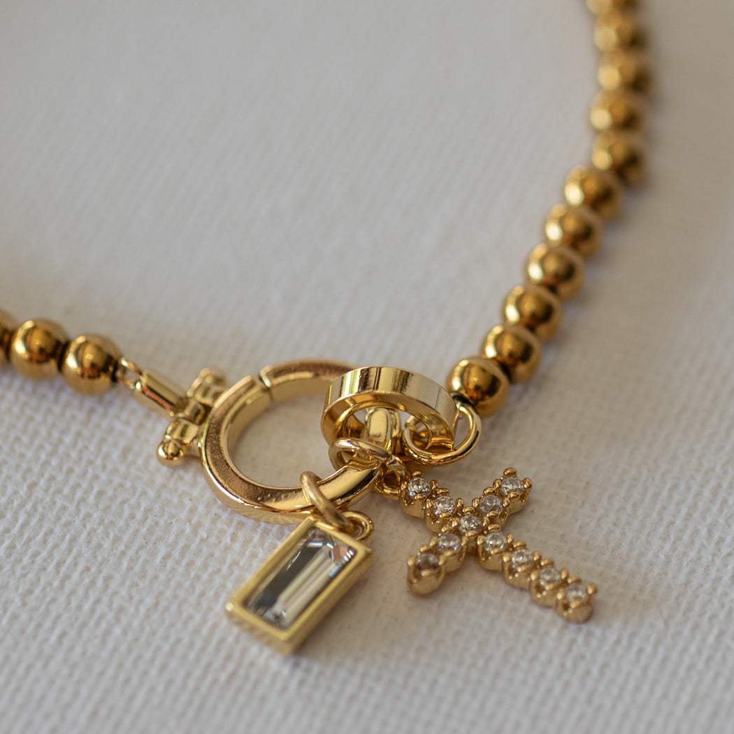 Beaded Bracelet with Cross Pendant and Birthstone - Bracelet