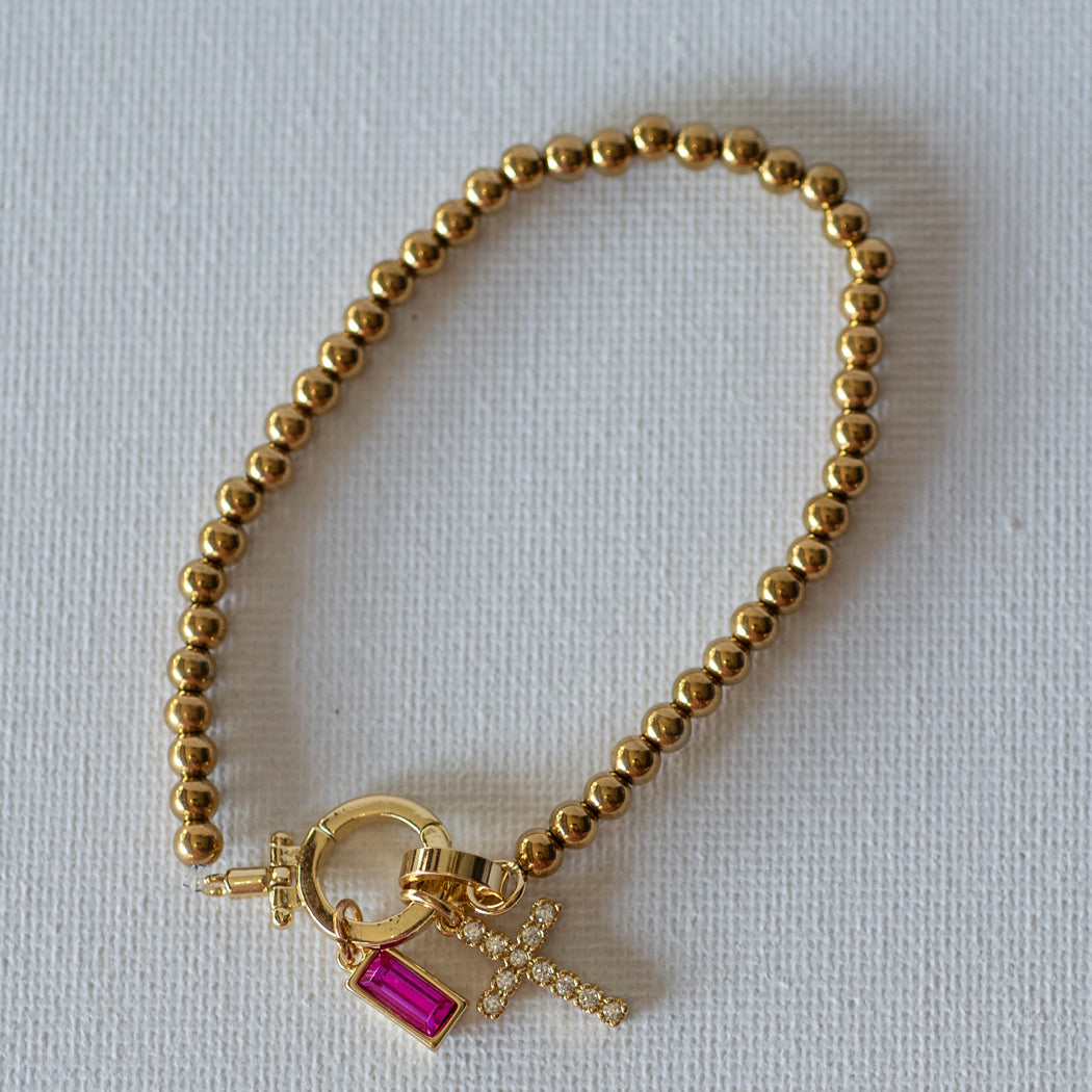 Beaded Bracelet with Cross Pendant and Birthstone - Bracelet