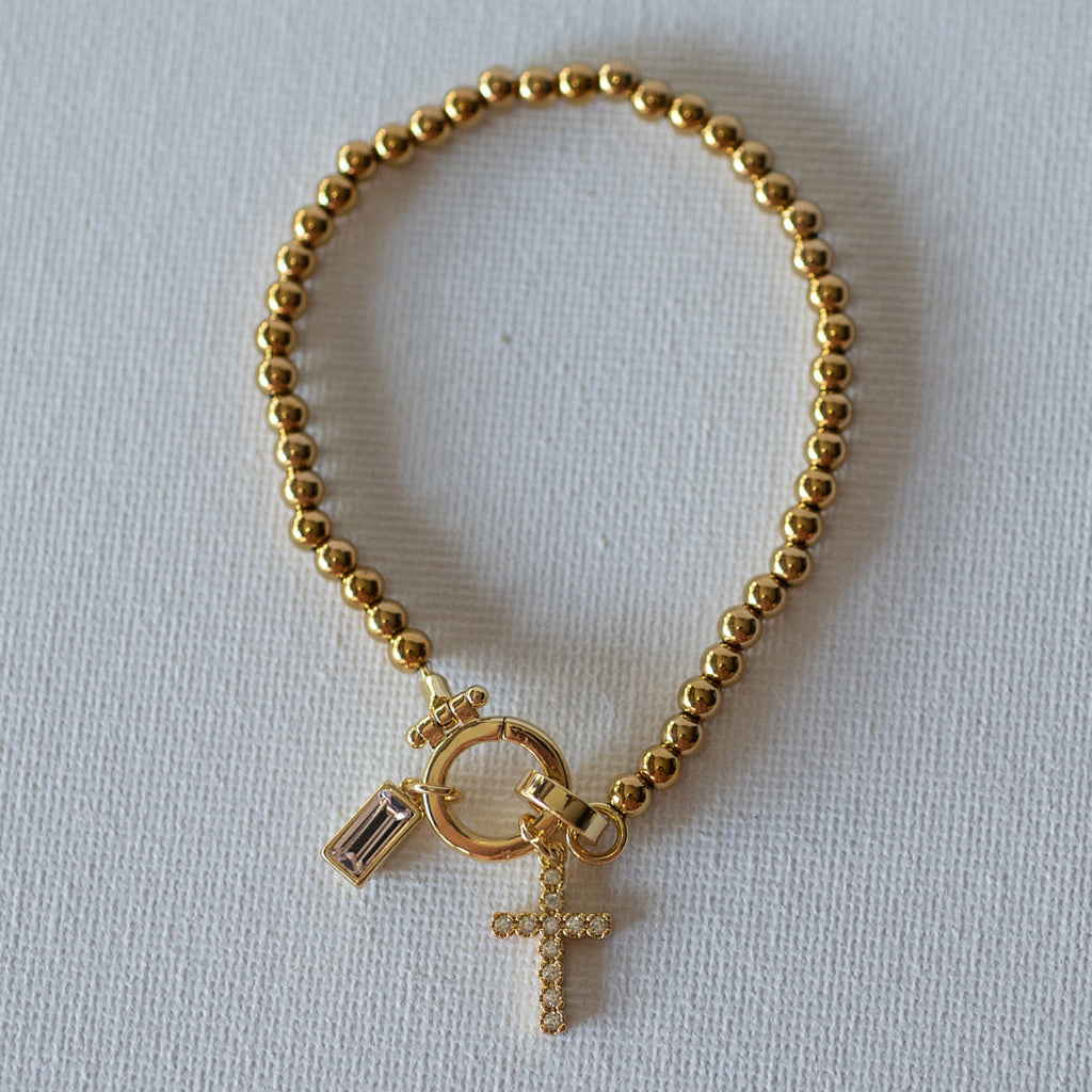 Beaded Bracelet with Cross Pendant and Birthstone - Bracelet