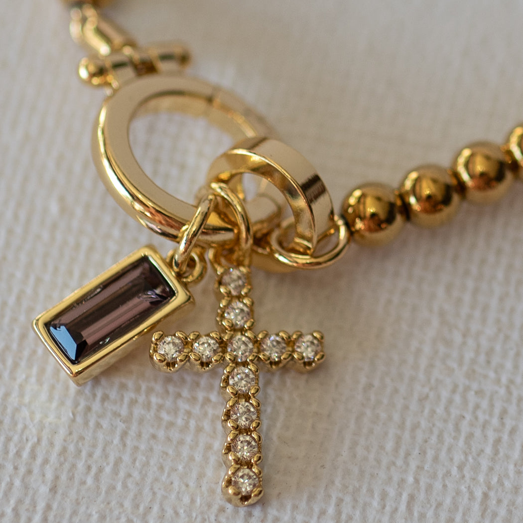 Beaded Bracelet with Cross Pendant and Birthstone - Bracelet