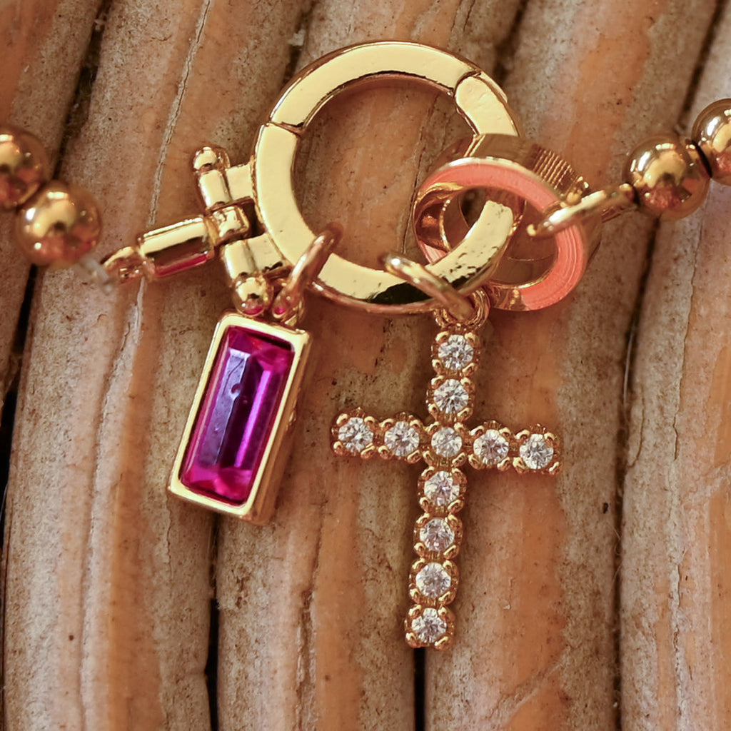 Beaded Bracelet with Cross Pendant and Birthstone - Bracelet