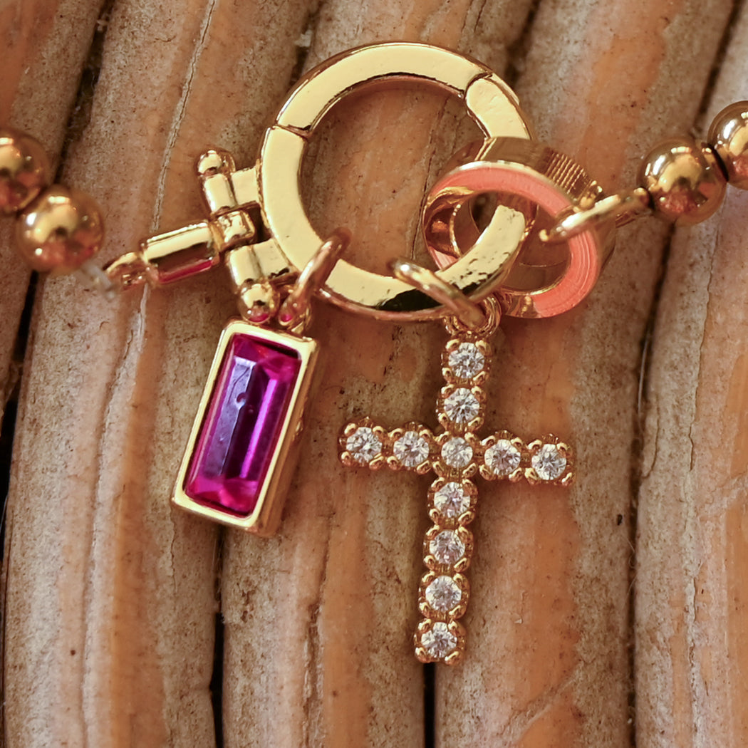 Beaded Bracelet with Cross Pendant and Birthstone - Bracelet
