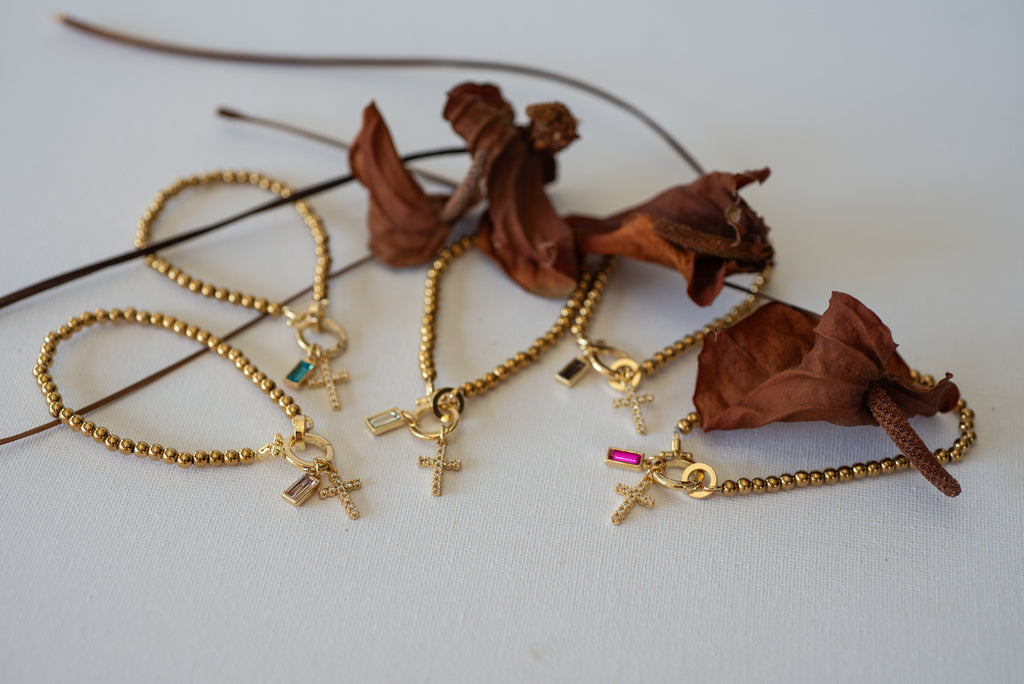 Beaded Bracelet with Cross Pendant and Birthstone - Bracelet