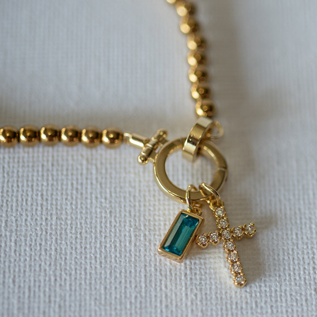 Beaded Bracelet with Cross Pendant and Birthstone - Bracelet