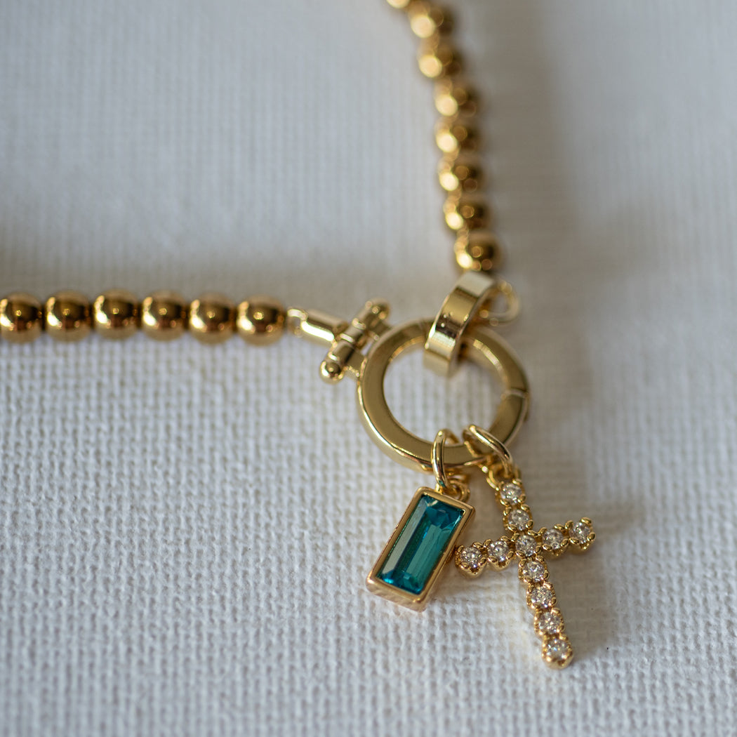 Beaded Bracelet with Cross Pendant and Birthstone - Bracelet