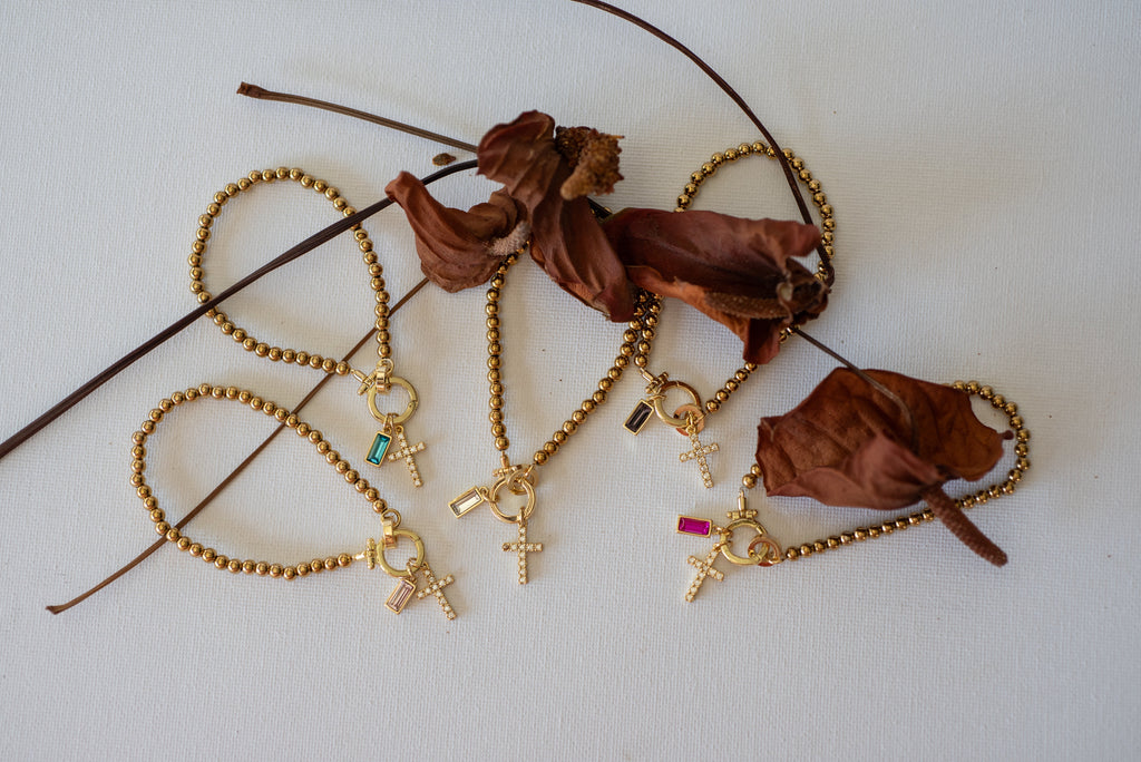 Beaded Bracelet with Cross Pendant and Birthstone - Bracelet