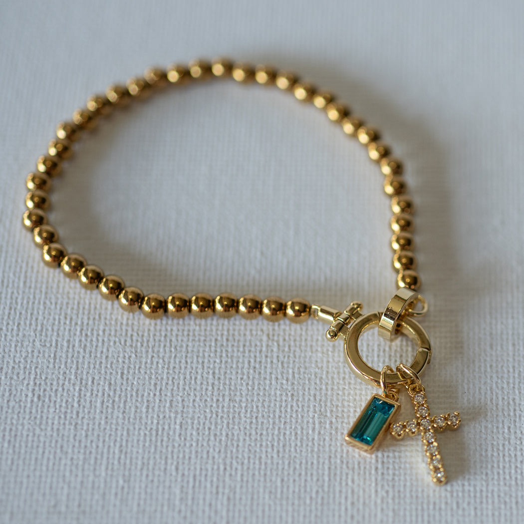 Beaded Bracelet with Cross Pendant and Birthstone - Bracelet