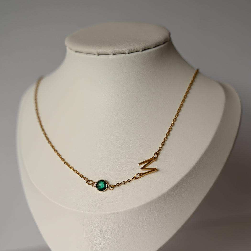 Birthstone Necklace with Side Initial, Stainless Steel - Necklace