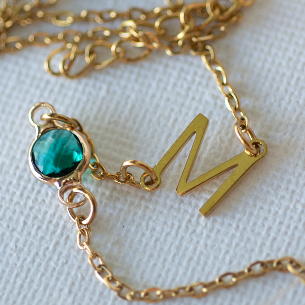 Birthstone Necklace with Side Initial — Stainless Steel - Necklace