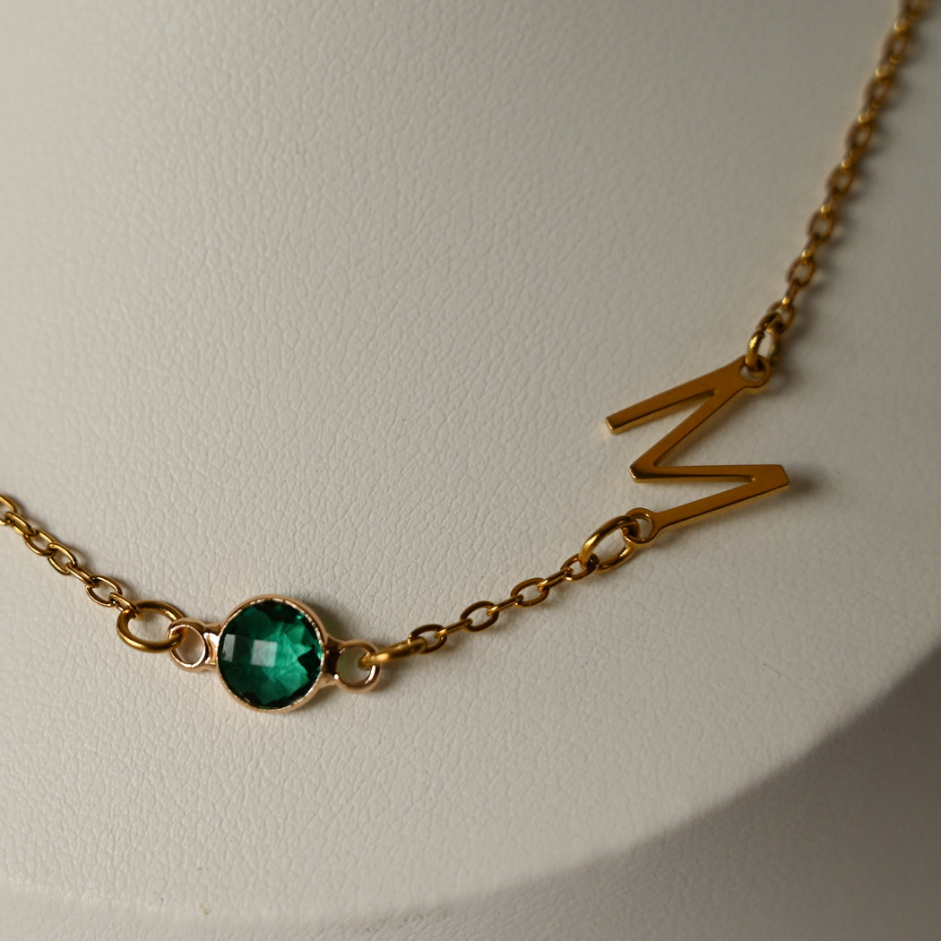 Birthstone Necklace with Side Initial, Stainless Steel - Necklace
