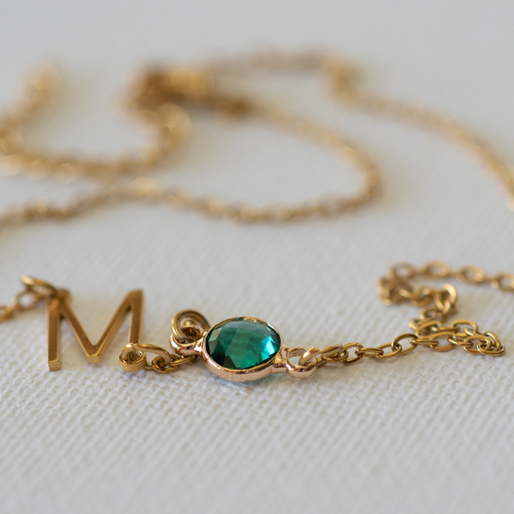 Birthstone Necklace with Side Initial — Stainless Steel - Necklace