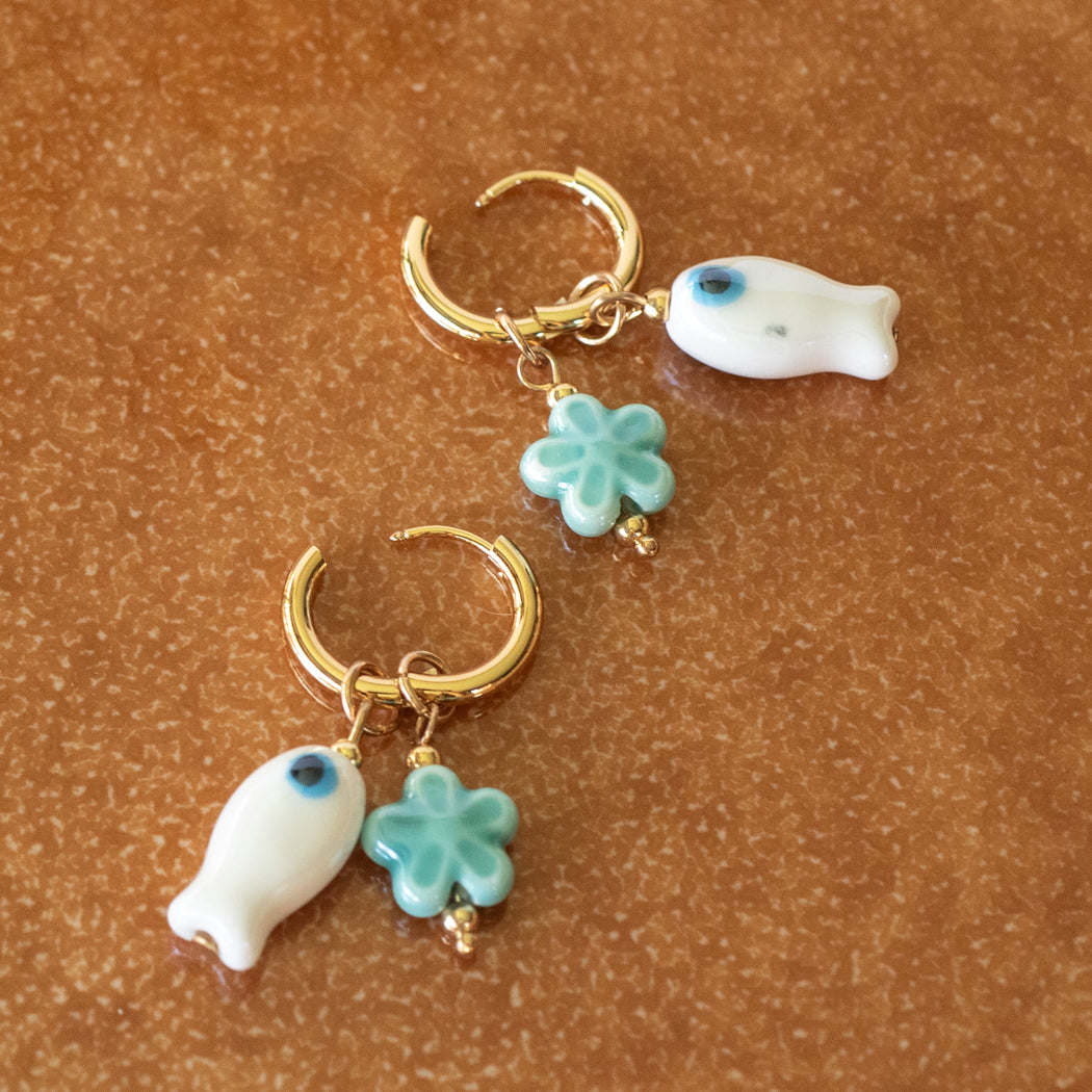 Boho Hoop Earrings with Ceramic Fish & Flower Pendant — 316L Stainless Steel - Earrings