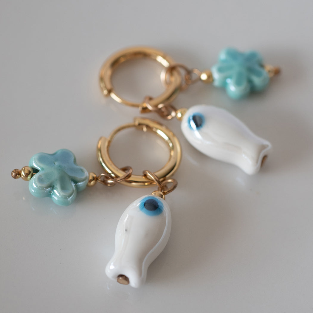 Boho Hoop Earrings with Ceramic Fish & Flower Pendant, 316L Stainless Steel - Earrings