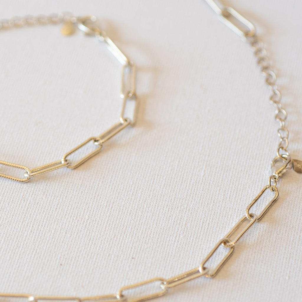 Classic Paper Clip Necklace & Bracelet Set — 925 Sterling Silver - Necklace Combo
