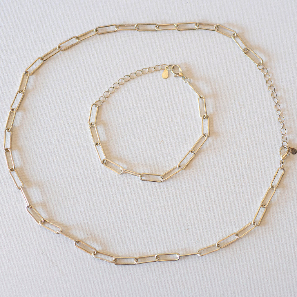 Classic Paper Clip Necklace & Bracelet Set — 925 Sterling Silver - Necklace Combo