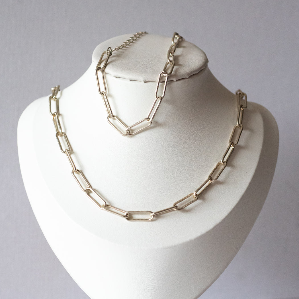 Classic Paper Clip Necklace & Bracelet Set, 925 Sterling Silver - Necklace Combo