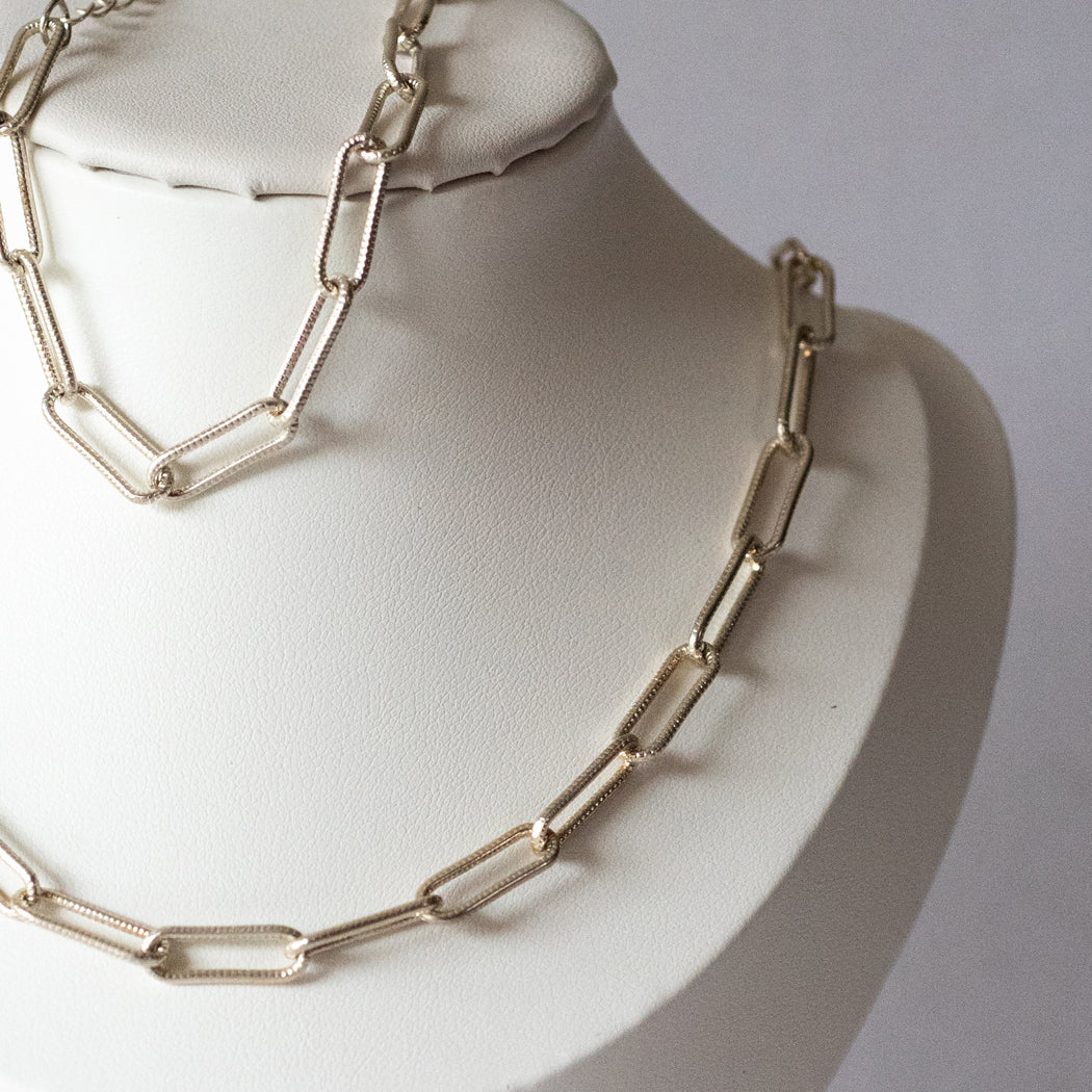 Classic Paper Clip Necklace & Bracelet Set, 925 Sterling Silver - Necklace Combo