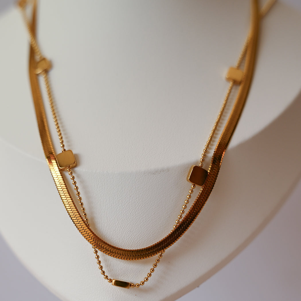 Double Layer Snake Block Chain Necklace - Necklace