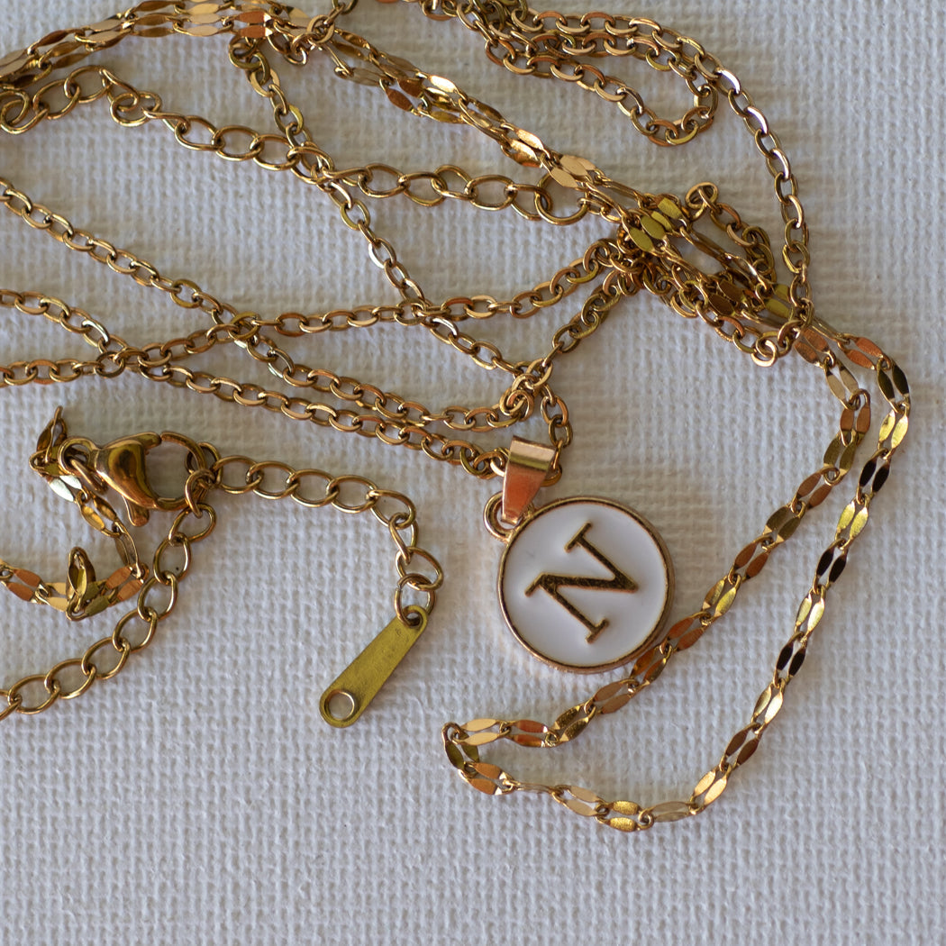 Double Layered Letter Pendant Chain — Stainless Steel - Necklace