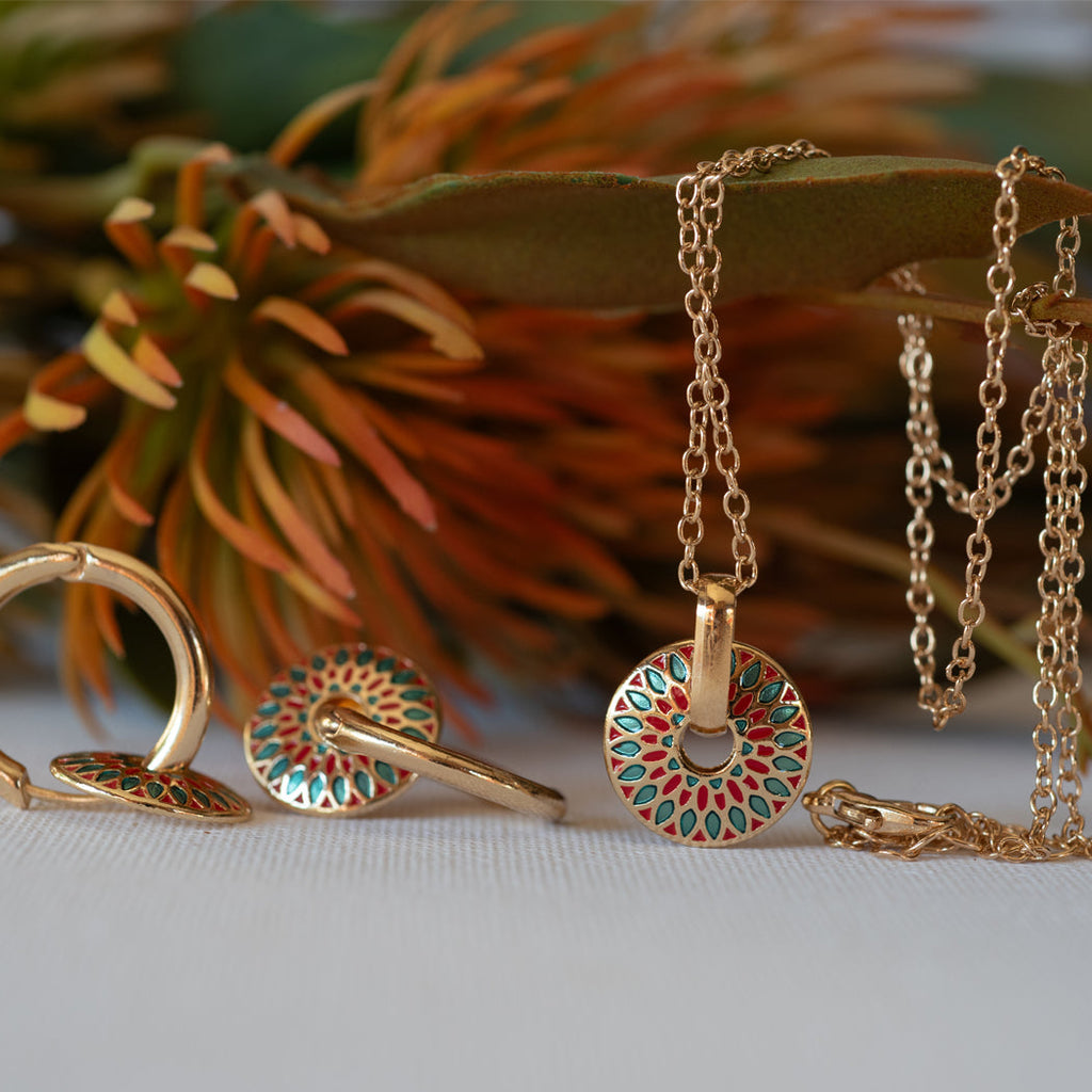 Elegant Boho Hand Painted Floral Design Necklace & Earring Set — 316L Stainless Steel - Necklace Earring