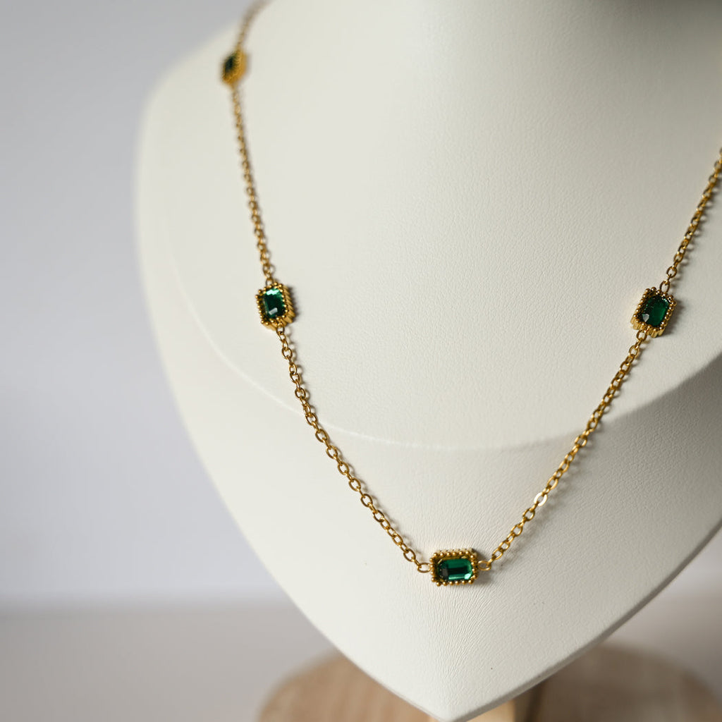 Emerald Stone French Clavicle Necklace, 316L Stainless Steel - Necklace