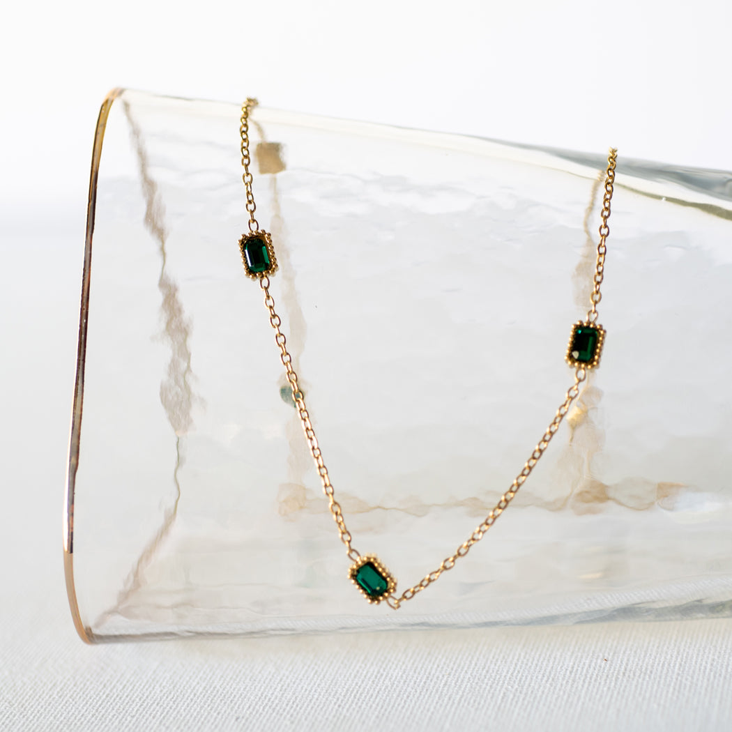 Emerald Stone French Clavicle Necklace — 316L Stainless Steel - Necklace