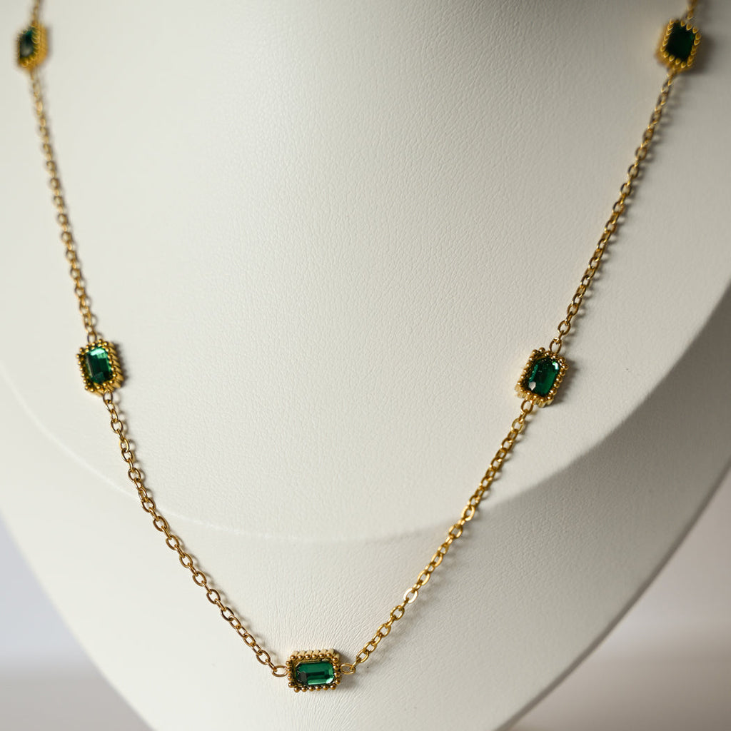 Emerald Stone French Clavicle Necklace, 316L Stainless Steel - Necklace