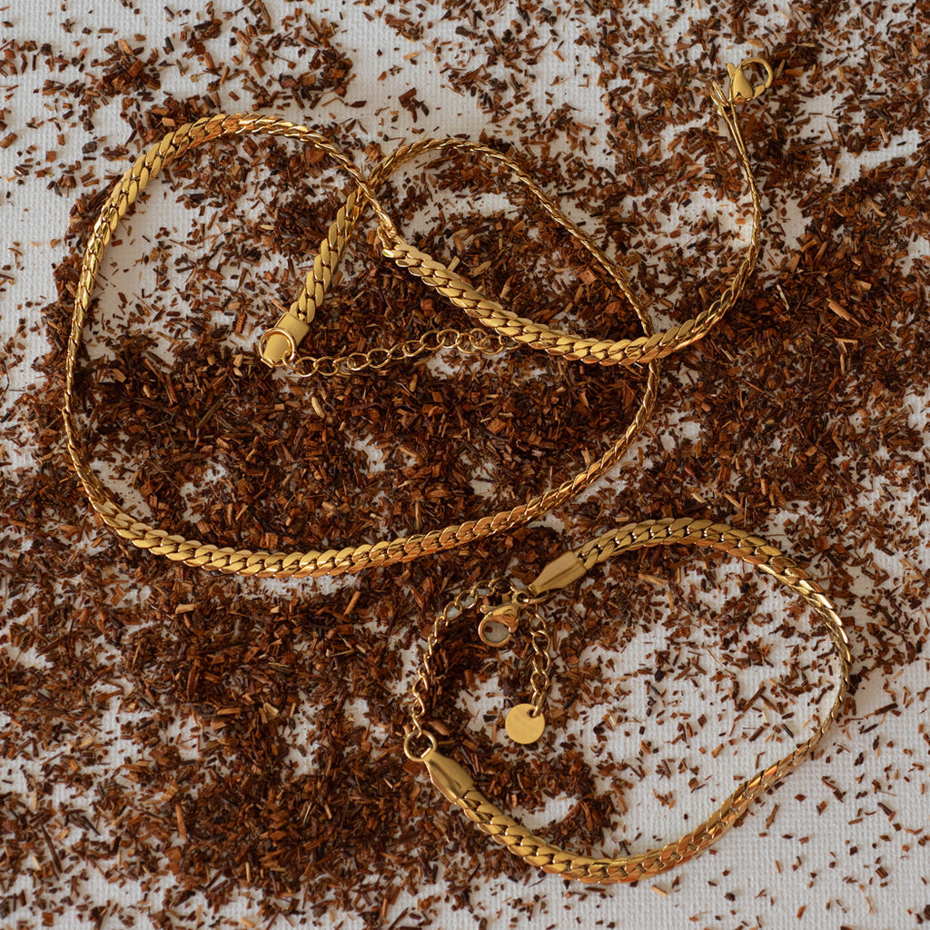 Flat Plate Snake Chain Necklace & Bracelet Set — 316L Stainless Steel - Necklace Combo