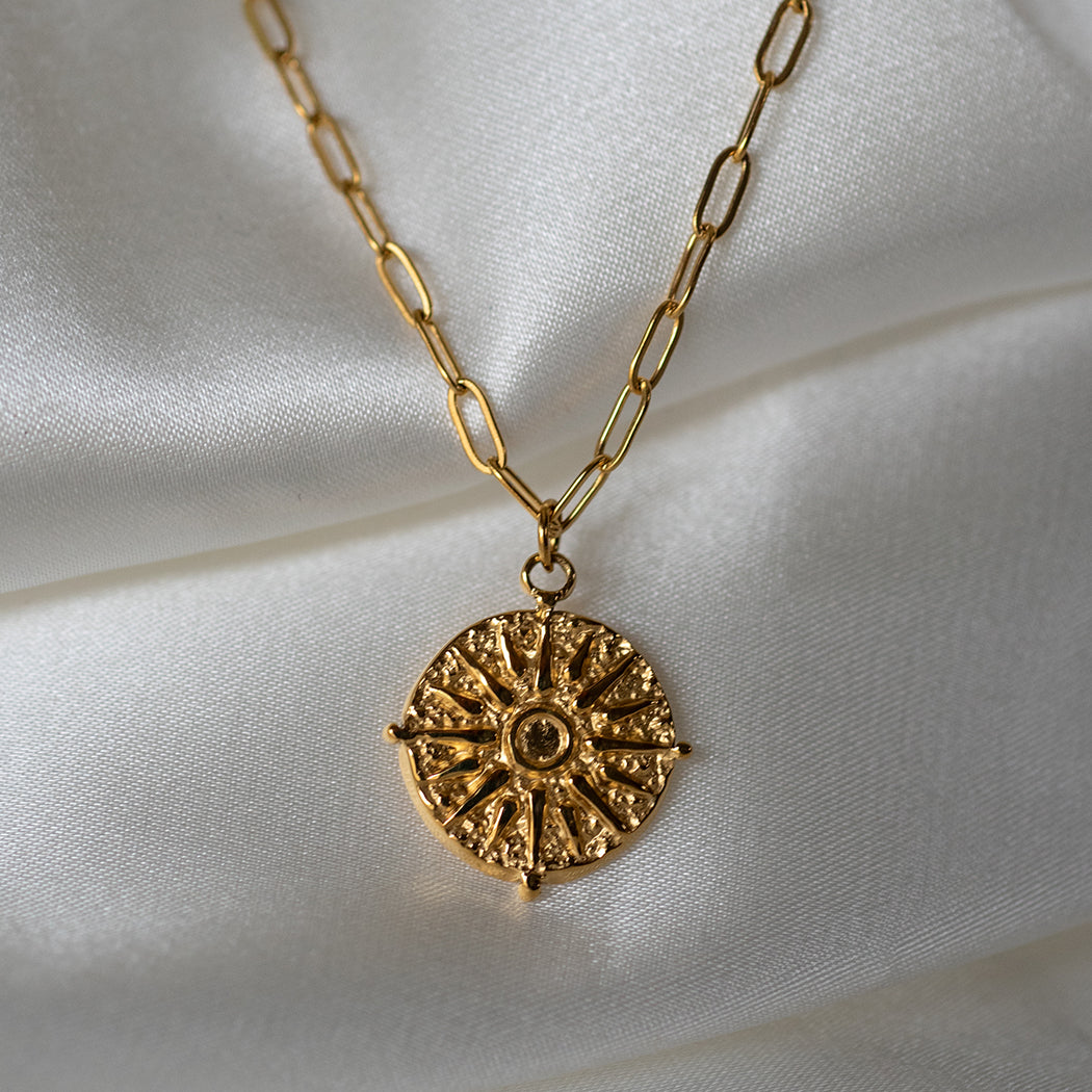 Sunburst Pendant, Paperclip Necklace