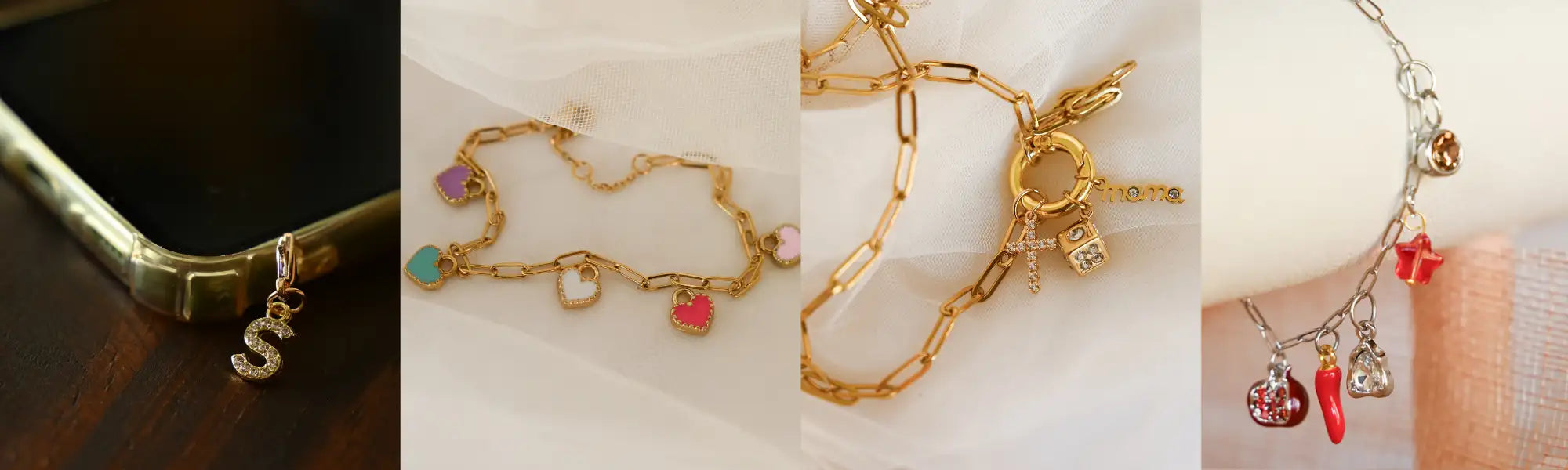 Gold chain bracelet with colorful charm pendants and a central circular clasp