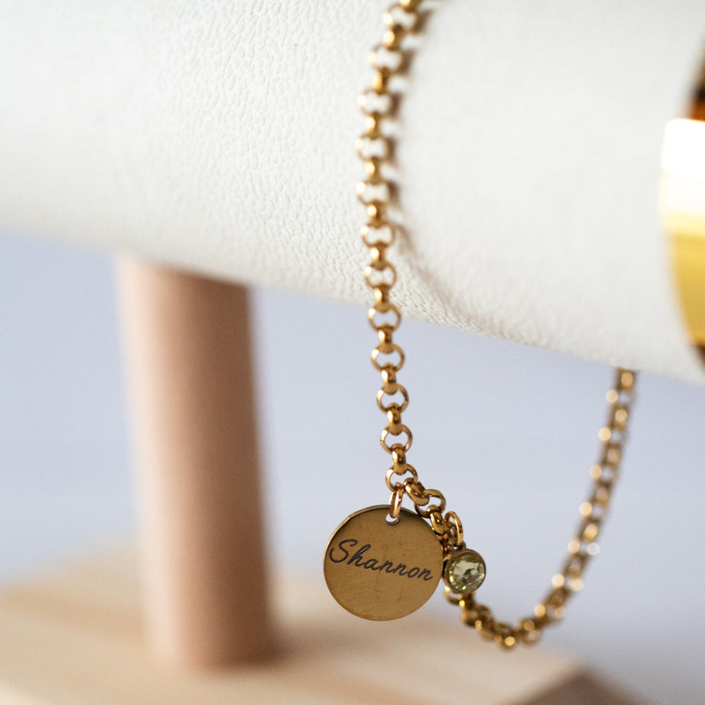 Personalized Gucci Chain Bracelet with Name & Birthstone Pendant, 316L Stainless Steel - Gold-plated - Bracelet